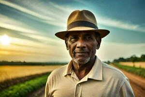 an african american man in a hat standing in a field. AI-Generated photo