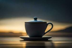 a cup of coffee on a table in front of a sunset. AI-Generated photo