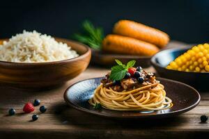 spaghetti with meat, corn and vegetables on a wooden table. AI-Generated photo
