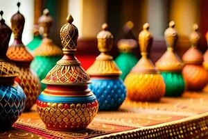 colorful vases are lined up on a table. AI-Generated photo