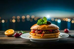 a hamburger with a cherry on top and a slice of lemon. AI-Generated photo