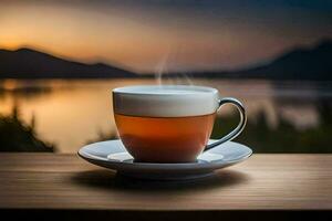 a cup of tea on a wooden table with a view of the lake. AI-Generated photo