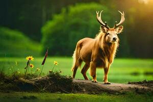 a deer standing on a log in the grass. AI-Generated photo