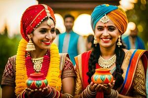 two women in colorful turbans holding pots. AI-Generated photo