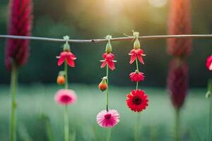 rojo flores colgando desde un cable en un campo. generado por ai foto