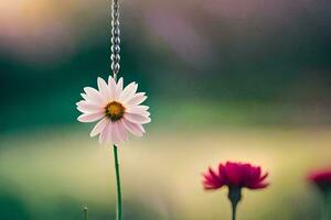 a flower hanging from a chain in the grass. AI-Generated photo
