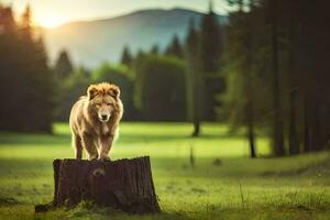 a lion stands on top of a stump in the middle of a field. AI-Generated photo