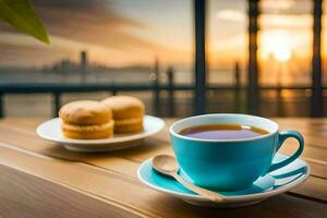 un taza de té y un galleta en un de madera mesa. generado por ai foto