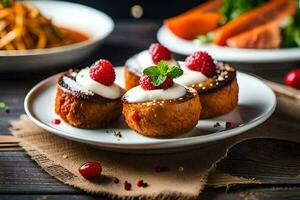 three small baked potatoes with cream and raspberries. AI-Generated photo