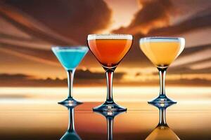three different colored cocktails are shown on a table. AI-Generated photo
