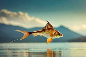 a fish is flying over the water with mountains in the background. AI-Generated photo