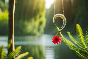 photo wallpaper nature, the sun, the lake, the flower, the fern, the f. AI-Generated