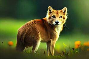 a red wolf is standing in the grass. AI-Generated photo