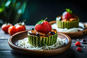 two small cupcakes with strawberries and blueberries on a wooden plate. AI-Generated photo