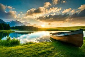 el barco en el lago fondo de pantalla. generado por ai foto