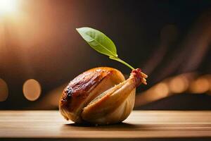 a chicken with a leaf on top of a wooden table. AI-Generated photo