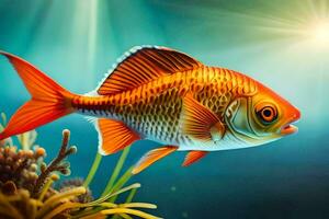 fish in the ocean with sunlight shining on it. AI-Generated photo