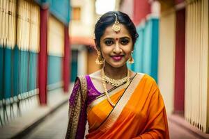 un hermosa joven mujer en un naranja sari. generado por ai foto