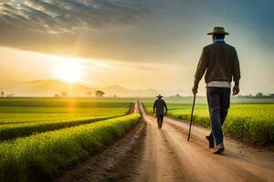 two men walking down a dirt road in a field. AI-Generated photo