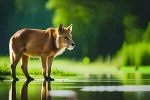 a deer stands in the water near a grassy field. AI-Generated photo