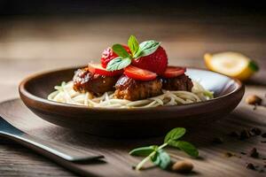 meatballs with spaghetti and strawberries on a wooden table. AI-Generated photo
