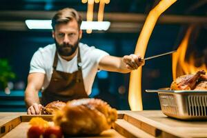 a man in an apron is cooking a turkey on a wooden table. AI-Generated photo