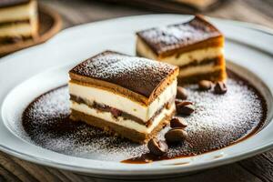 Tres piezas de chocolate pastel en un lámina. generado por ai foto