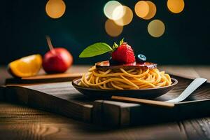 spaghetti with berries and a slice of lemon on a wooden table. AI-Generated photo