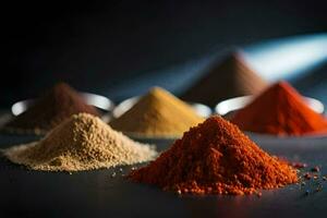 a variety of spices are shown in a black background. AI-Generated photo