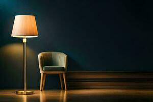 un silla y lámpara en frente de un oscuro azul pared. generado por ai foto