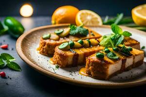 three slices of cheese on a plate with lemon slices. AI-Generated photo