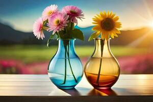 two vases with flowers on a table in front of a sunset. AI-Generated photo