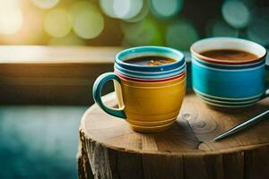 two coffee cups on a wooden table with a spoon. AI-Generated photo