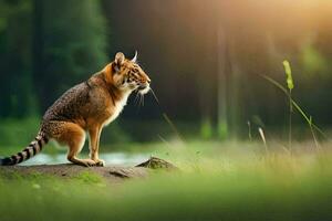 a lynx is standing on a rock in the middle of a forest. AI-Generated photo