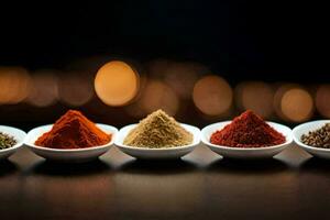 five different types of spices in bowls. AI-Generated photo