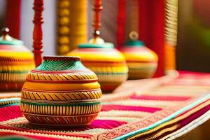 colorful pottery on display in a shop. AI-Generated photo