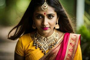 beautiful indian bride in yellow sari. AI-Generated photo