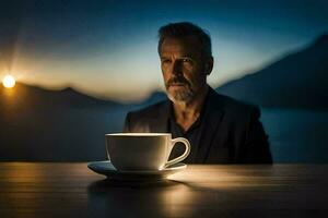 a man sits at a table with a cup of coffee. AI-Generated photo