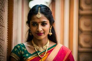 a beautiful indian woman wearing a colorful sari. AI-Generated photo