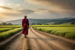 a monk walks down a dirt road in a field. AI-Generated photo