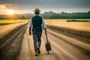 a man with a hat and suit walking down a dirt road. AI-Generated photo