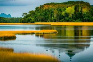 a lake with trees and grass in the foreground. AI-Generated photo