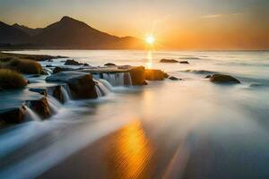 un puesta de sol terminado el Oceano con rocas y agua. generado por ai foto