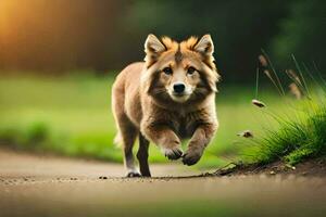 a brown dog running on a road. AI-Generated photo