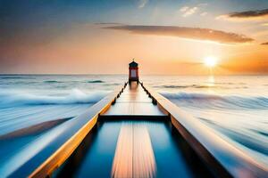 a lighthouse stands on a pier in the ocean at sunset. AI-Generated photo