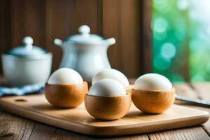 eggs in wooden bowls on a wooden table. AI-Generated photo