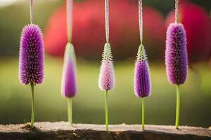 a group of purple flowers are hanging from a string. AI-Generated photo