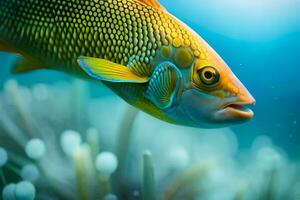 un pescado nadando en el Oceano con coral. generado por ai foto