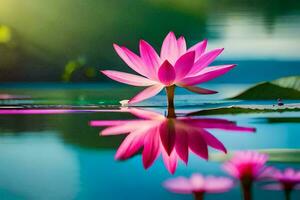rosado loto flor en el agua con verde hojas. generado por ai foto