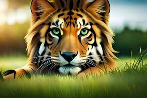 a tiger is laying in the grass with its eyes open. AI-Generated photo